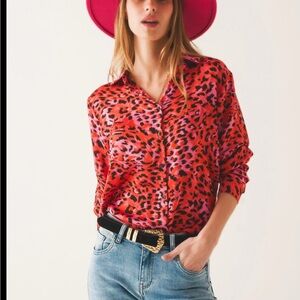 Q2 Red and Pink Leopard Print Button Down Shirt